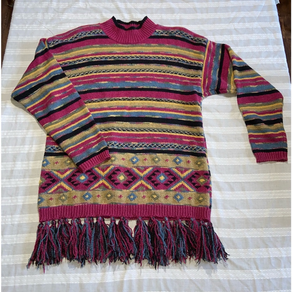 Vintage 90s Lizwear Western Aztec Boho Knitted Sweater Fuchsia Black Size Small